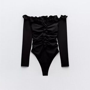 Zara Off-Shoulder Black Ruffled Long-Sleeve Black Bodysuit, medium
